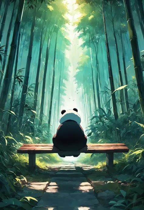 A sad panda sits on a bench, Face away from the camera，Looking Up The Sky，shot from a far distance，tmasterpiece, best qualityer, cinematic Film still from, ，bamboo forrest，movie light effect，Wide-angle environment，Movie Angle，Best quality，rendering by octa...