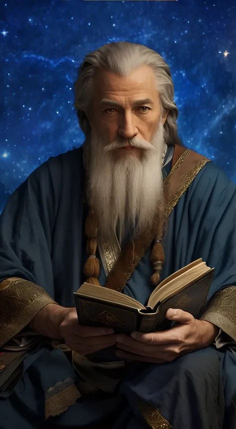 Alphard man with long beard reading a book, A portrait of a wizard, portrait of gandalf, male wizard, dumbledore, Gandalf, portrait of merlin, wizard sits reading at a desk, spell casting wizard, 《lord of the ring》Gandalf, gandalf the grey, ancient mystica...