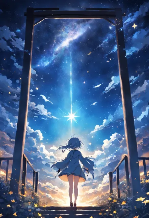 Vista distante、Paisagens、Outrageous resolution、luminoso、fantasia、clearing blue sky、Muitas estrelas brilhantes々、beautiful  lighting、clear lighting、soft lighting、Many bright magic lights、Stars are falling from the sky