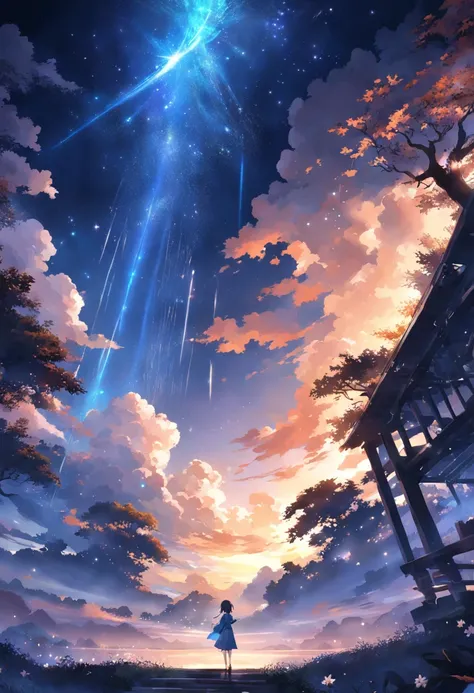 Vista distante、Paisagens、Outrageous resolution、luminoso、fantasia、clearing blue sky、Muitas estrelas brilhantes々、beautiful  lighting、clear lighting、soft lighting、Many bright magic lights、Stars are falling from the sky