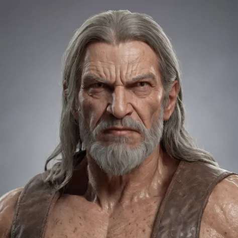 elderly man professional 3d rendering:1.3) de (Realistic:1.3) Foto de arte mais bonita do mundo，Features soft, bright male heroes, ((Epic hero fantasy rough muscular man wet hero angry look long hair short beard and fierce expression in dynamic pose, fanta...