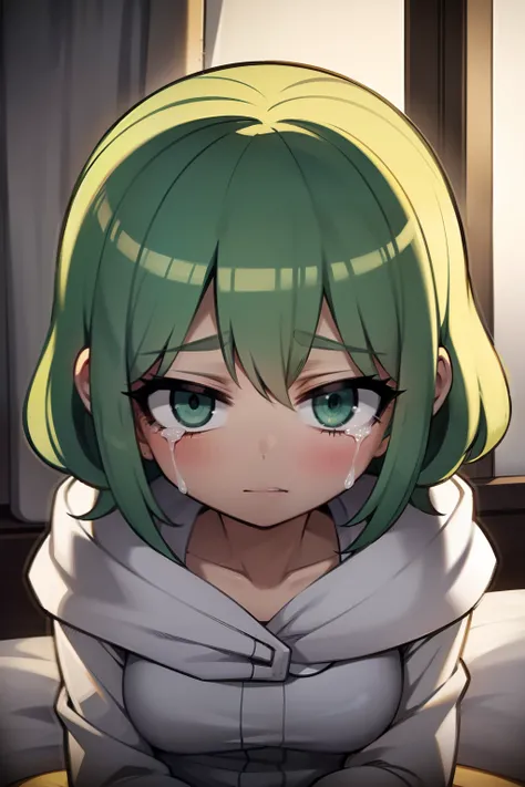 light green haired girl, crying on bed, cold, depression, at night