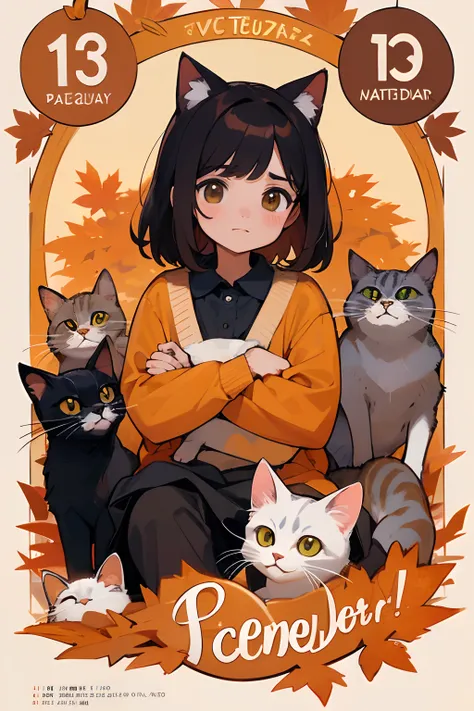 a calendar with a cat face and the words october, oct, 🍂 cute, !!!! cat!!!!, by Verónica Ruiz de Velasco, by Manuel Ortiz de Zarate, !!! cat!!!, by Matteo Pérez, by Oscar Rodriguez Naranjo, 🍁 cute, by Pedro Álvarez Castelló, by Federico Uribe