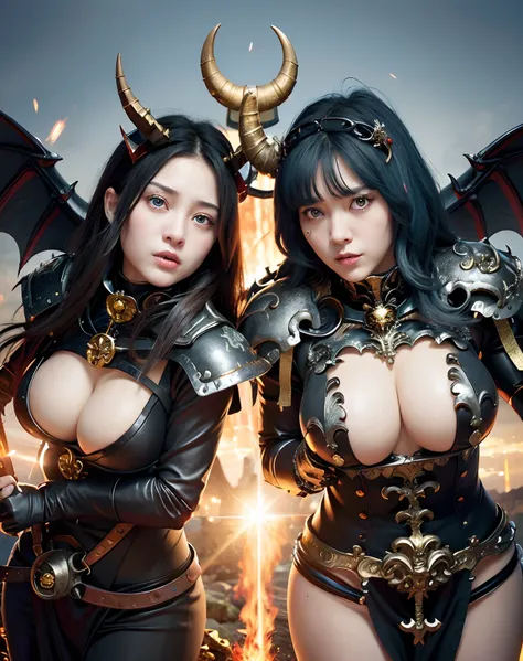 (masutepiece), Professional , ​masterpiece、top-quality、photos realistic , depth of fields 、（Gemstone Black Metal Body:1.９),(Matte Black、（cleavage of the breast）、Dragon Gold Weapon（Dragon Metal Body:1.４),Gorgeous gold weapons ,（Intimidating look）、（（ Dragons...