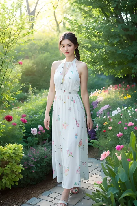 woman, view the viewer, French braided hair , flower halter dress, cleavage,  Garden landscape design, (rim-light)，nakeness