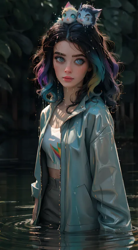 a woman with colorful hair standing in a stream of water, the curls are smeared with paint of different colors rainbow, a cute and beautiful young woman, hyper real photo, she is wearing a wet coat, beautiful young catgirl, dripping technique, discord pfp,...