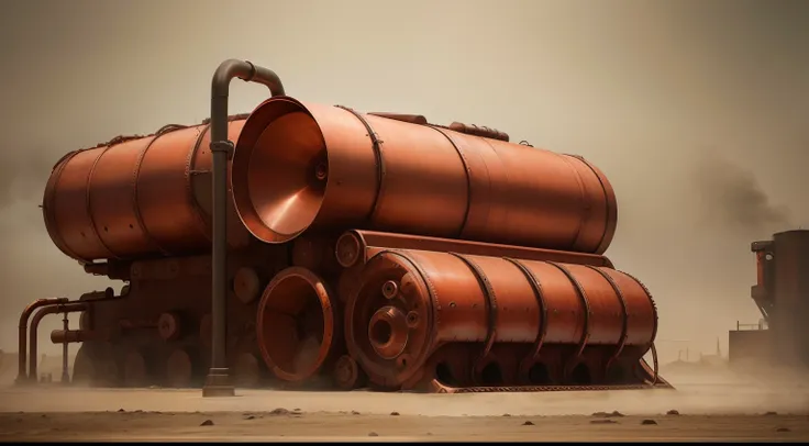 wasteland fog background，5 giant copper horns，rusty noise emission installation art，mechanism，curved pipes connect a complex sou...