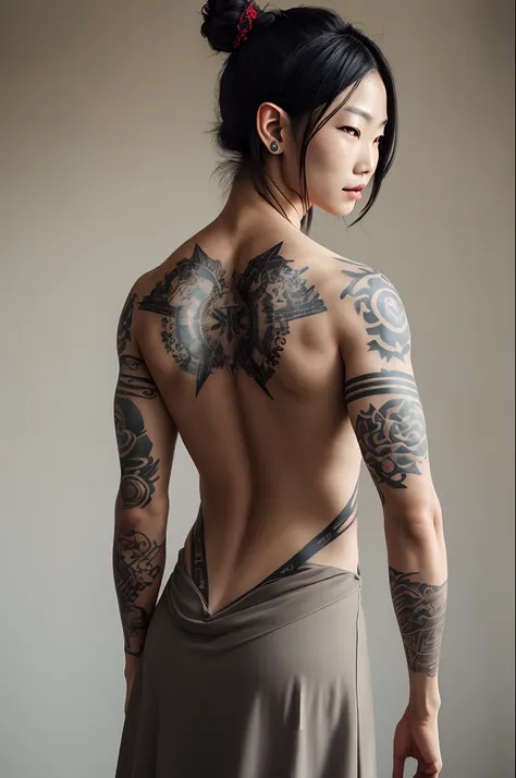 Asian Elf with rune tattoos, vestido, 4k, vestido victoriano, hiper realismo, tatuajes realistas, tatuajes filigrana