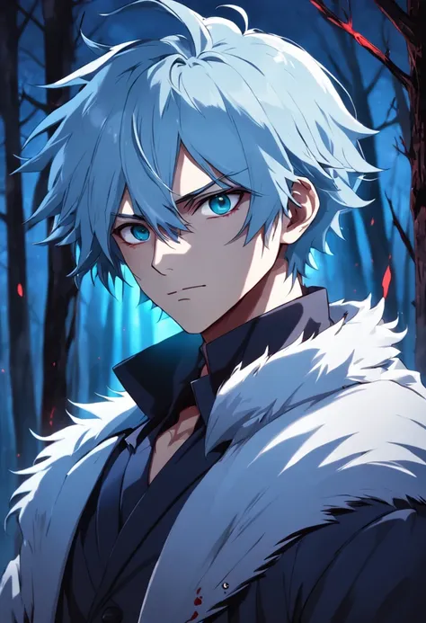 dottore, 1boy, eye mask, light blue hair, fur-trimmed coat, male focus, blood on clothes, blood, solo, detailed face, looking at viewer, potrait, upper body, dark, night, moon, forest, (masterpiece:1.2, best quality)