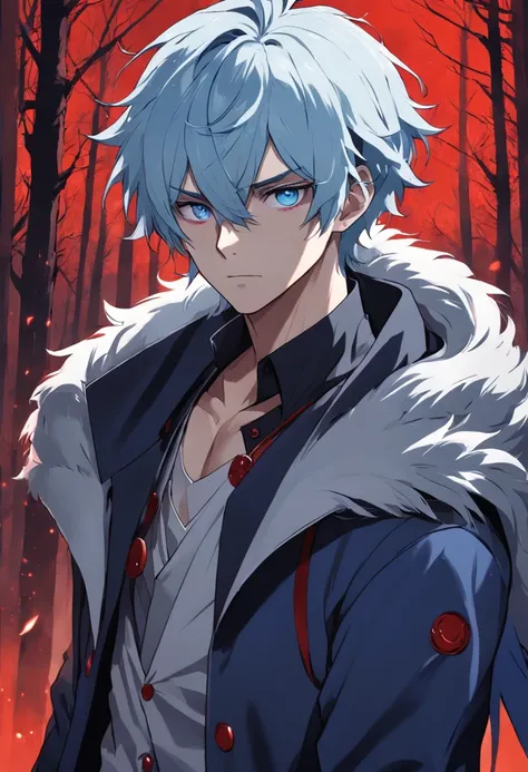 dottore, 1boy, eye mask, light blue hair, fur-trimmed coat, male focus, blood on clothes, blood, solo, detailed face, looking at viewer, potrait, upper body, dark, night, moon, forest, (masterpiece:1.2, best quality)