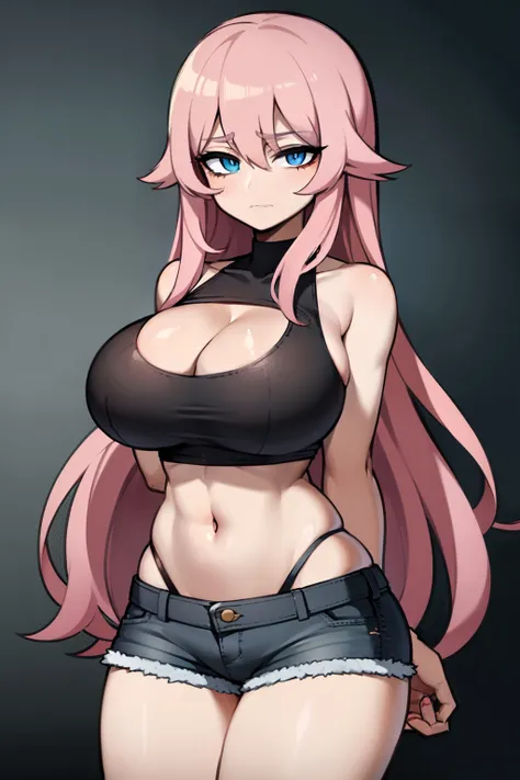 huge breasts, medium hips, heterochromia eyes, dark pink hair, black crop top, denim shorts