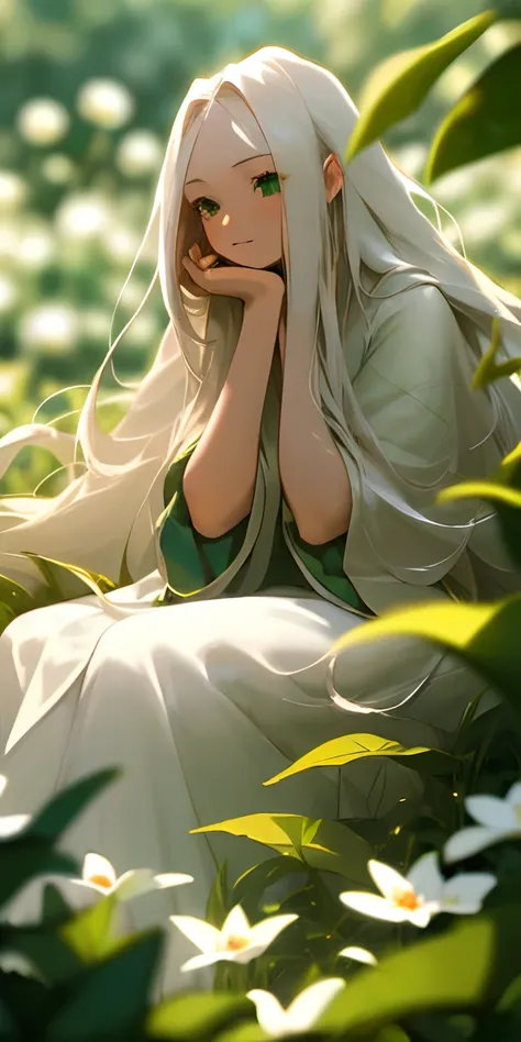 (masterpiece, best quality),1girl with long white hair sitting in a field of green plants and flowers, her hand under her chin, warm lighting, white dress, blurry foreground