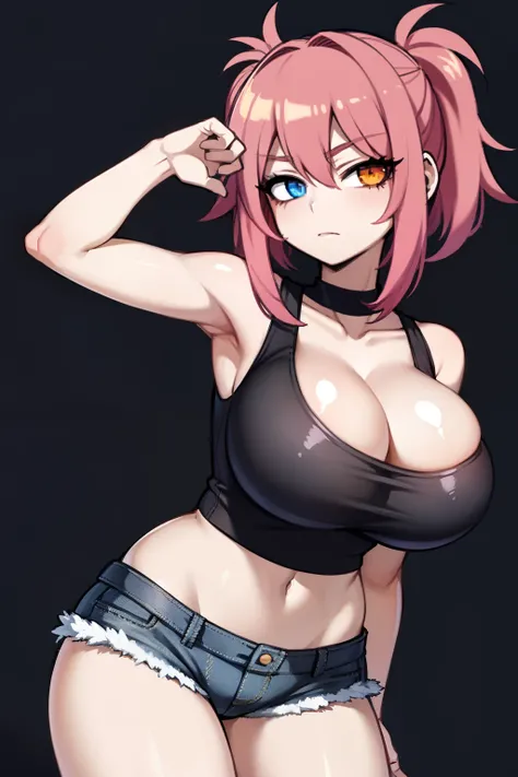 huge breasts, medium hips, heterochromia eyes, dark pink hair, black crop top, denim shorts