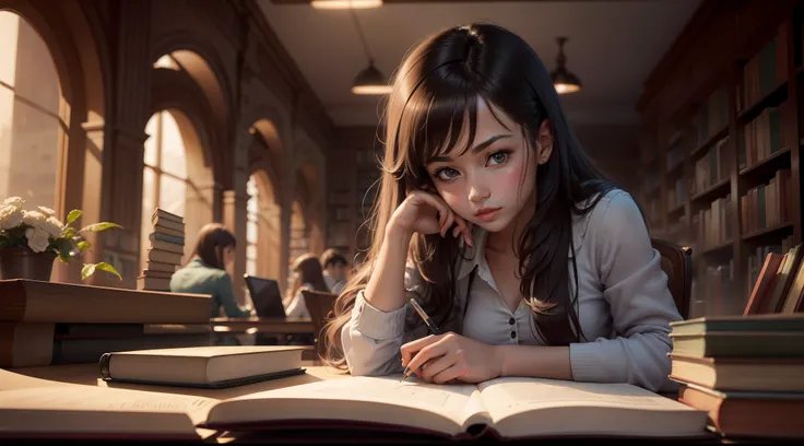 In a library, there is a study table, a beautiful girl is holding a pen, looking at her book