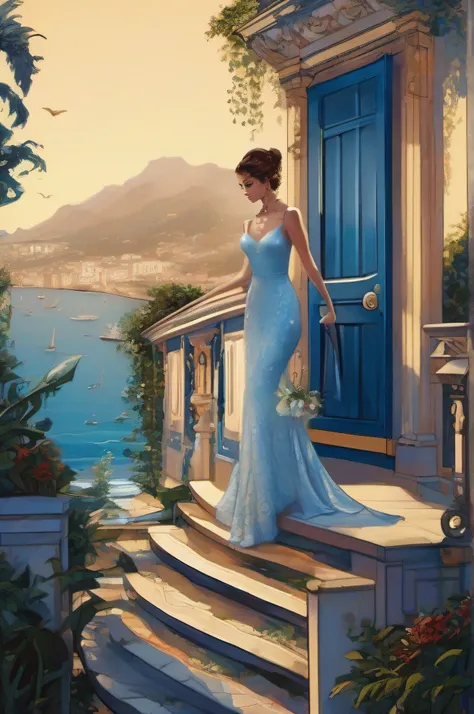 The illustration depicts Ray San Oliver, elegante em seu vestido azul, explorando casas luxuosas em meio a jardins e vistas deslumbrantes. No canto superior, A seaside mansion shines. No canto inferior, Morro Dois Irmãos is dark and chaotic, with police an...