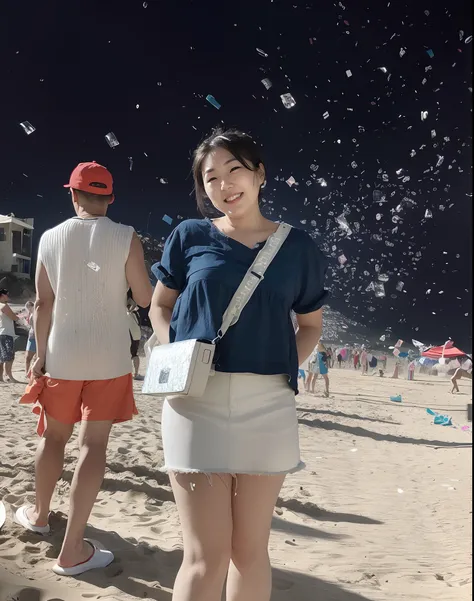 there is a woman standing on the beach with confetti falling from the sky, vacation photo, in the beach, heonhwa choe, at a beach, jaeyeon nam, taken with sigma 2 0 mm f 1. 4, 8k)), taken with canon eos 5 d mark iv, shot on gopro9, standing at the beach