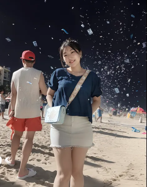 there is a woman standing on the beach with confetti falling from the sky, vacation photo, in the beach, heonhwa choe, at a beach, jaeyeon nam, taken with sigma 2 0 mm f 1. 4, 8k)), taken with canon eos 5 d mark iv, shot on gopro9, standing at the beach