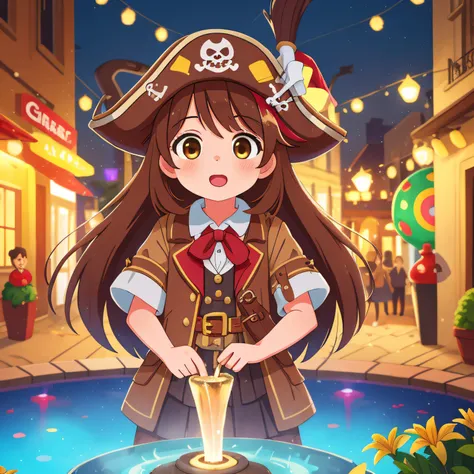 (best quality, high quality:1.3), CG, dramatic lighting, highly detailed, Bokeh, Lily, long brown hair, cute 10 year old girl dressed in bold pirate costume, in front of colorful fountain in town square