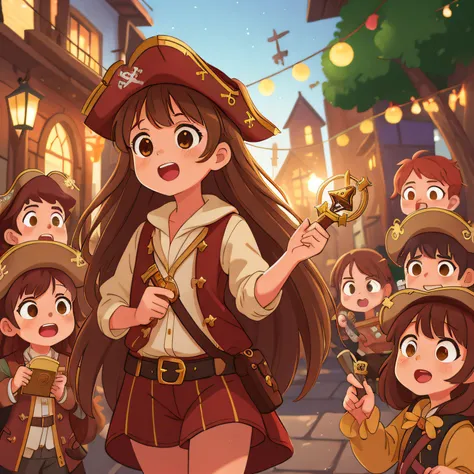 (best quality, high quality:1.3), CG, dramatic lighting, highly detailed, bokeh, lily, long brown hair, cute 10 year old girl dressed in daring pirate costume, holding an award, surrounded by several kid friends wearing costumes in the town square