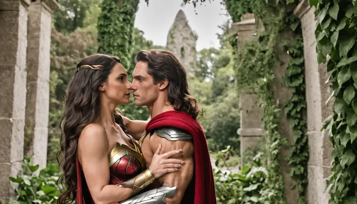 The Incredible Hulk and Wonder Womans Wedding, the two towering figures stand under a grand floral arch, Hulks green skin contrasting with Wonder Womans vibrant armor, surrounded by a lush garden filled with mythical creatures, radiating an atmosphere of l...