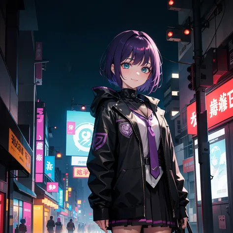 Cyberpunk School City，school，pupils on，Sateen，Neon light，A city scape，landscapes，girl with，hi-school girl，独奏，purple color  hair，short-hair，Green eyes，a smile，Absolute Area，youkai，ghosts，​masterpiece