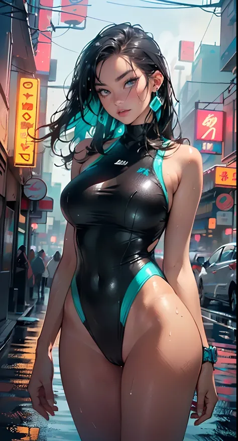 sporty girl with Asian features,(((1girl))),((girl with dark hair and turquoise highlights,)),

(large breasts:1.4),saggy breasts,(((Black hair with turquoise streaks:1.35,straight hair,long hair:1.4,colored inner hair,ear breathing))),((heterochromia:1.5,...