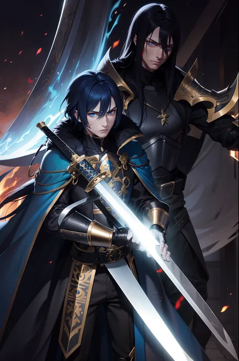 male wight hair blue eyes golden black armor furs long sword fight fire other male  black hair red  eyes long katana sword wind