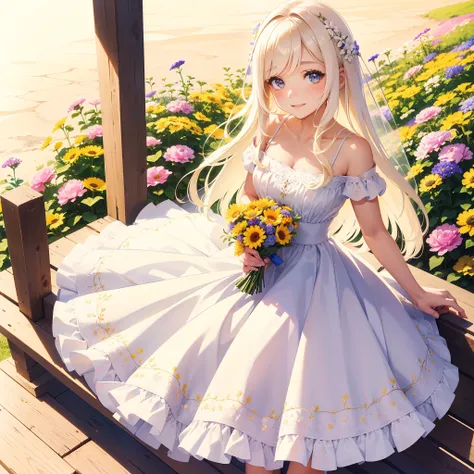 (obra maestra) (La mejor calidad) A beautiful young woman in a light-colored summer dress with small embroidered details holds a bouquet of wildflowers. She is smiling very sweetly, tiene hermosos ojos verdes, tiene su cabello rubio tirado hacia un lado. I...