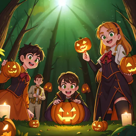 (Best Quality, High Quality:1.3), CG, Dramatic Lighting, Highly Detailed, Bokeh, Group of 15 Year Olds, Wearing Halloween Costumes, Evil Eyes, Evil Smiles, Eyebrows Raised, In Forest