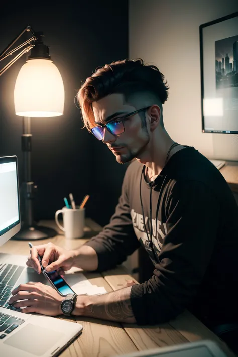 um homem em uma sala cyberpunk trabalhando em Laptop, Fotografia 8k, 50mm f/1.8 lentes, luz natural, nigth hora, alto contraste, studio illumination, nigthlight entrando. fotografia profissional, quarto escuro, neon vermelho de uma casa, mesa do computador...