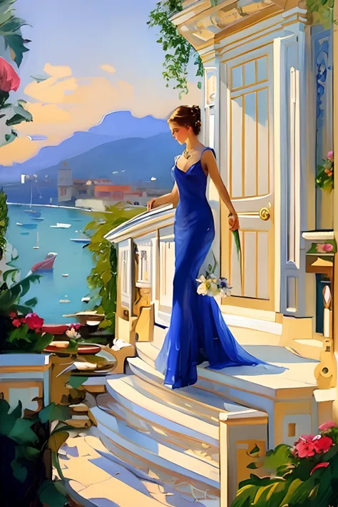 Painting of a woman in a blue dress standing on a set of steps, pintura digital elegante, Arte bonita UHD 4K, Vladimir Volegov, arte digital de um elegante, ( ( Konstantin Razumov ) ), bela arte digital, Pintando Vladimir Volegov, Konstantin Razumov, exqui...