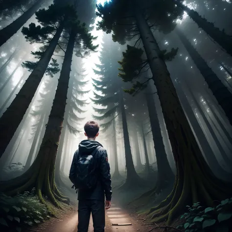 15years old boy looking at the dark forest in realistic picture