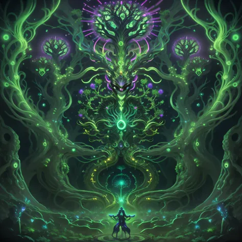 artificial forest, with a black background and a black background, psytrance art, ayahuasca, the oracle of trees, green aura, fo...