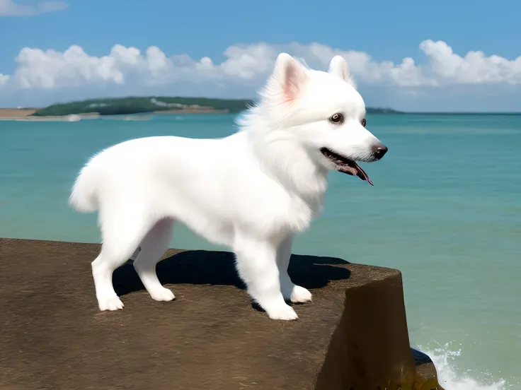 Realistic white Pomeranian dog playing by the sea