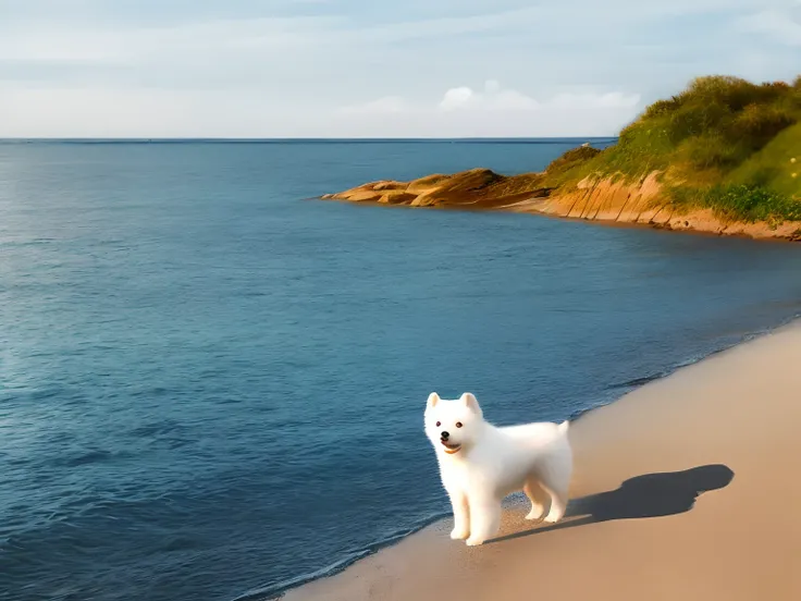 Realistic white Pomeranian dog playing by the sea