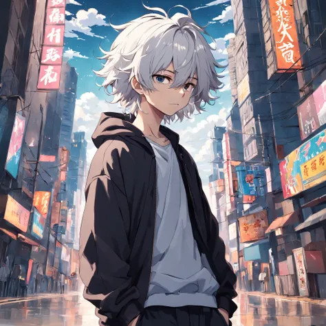 1 boy, platinum hair, wavy hair, baggy clothes, full body, medium hair