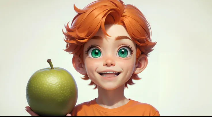 little boy with orange hair, orange clothes t- shirt ,green eyes,happy face,holding a  fruit,white background,style of a Disney Pixar cartoon