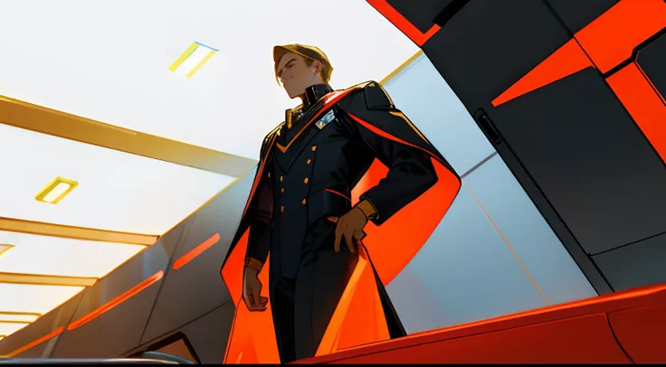 A man standing on a spaceship comman center , wearing a black , golden , white , red , suit