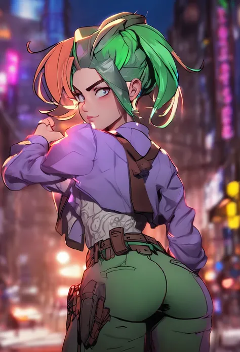 1girl in, Cowboy Shot, beautiful zenin_Maki,Ponytail,Glasses,Bangs,Green hair,Brown eyes,Purple jacket, medium breasts⁩, Cowboy Shot, Coffee , Volumetric lighting, Best Quality, masutepiece, Intricate details, tonemapping, Sharp Focus, Hyper Detailed, Tren...