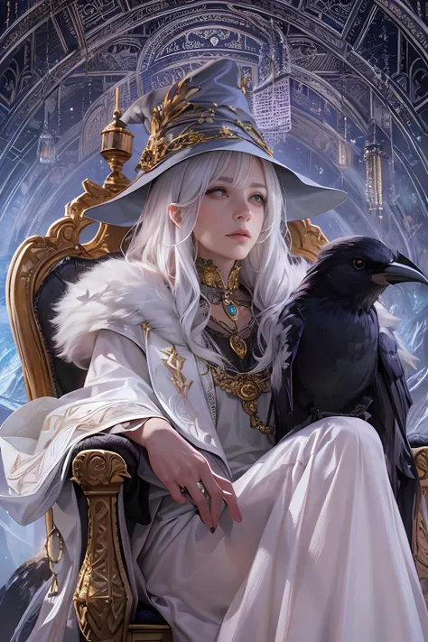 color photo of: A white-haired and aged witch, adorned in a pointed wizards hat, sitting on a regal Cardelou chair, with a wise Sonystr Crow perched on her shoulder. She is captured in the midst of casting a spell, as magical energy ripples through the air...