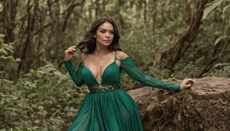 The union of the Incredible Hulk and Wonder Woman, acontecendo em uma floresta encantada, Imposing ancient trees wrapped in colorful ribbons, a serene river nearby, o Hulk em um terno elegante e a Mulher Maravilha em um vestido real, your palpable joy and ...