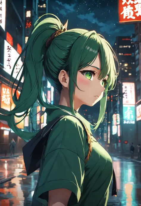 1girl, cowboy shot, beautiful ,zenin_maki,ponytail,glasses,bangs,green hair,brown eyes, outdoors, jujutsu_uniform, night,city , volumetric lighting, best quality, masterpiece, intricate details, tonemapping, sharp focus, hyper detailed, trending on Artstat...