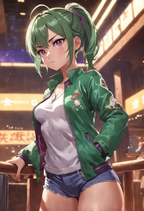 1girl, cowboy shot, beautiful zenin_maki,ponytail,glasses,bangs,green hair,brown eyes,purple jacket,  white shorts, medium breast, cowboy shot, indoors , volumetric lighting, best quality, masterpiece, intricate details, tonemapping, sharp focus, hyper det...