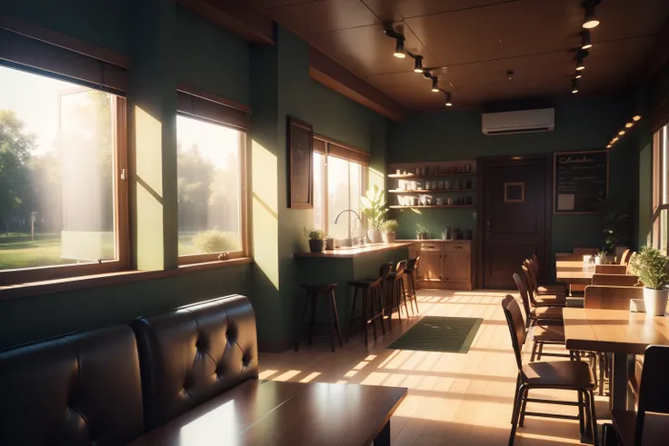 Cozy coffeeshop interior design, Light rays from windows, green spaces, 3dx max render, ultra realistic, 8k wallpaper, Light and cool lighting, photo realistic, Cel shaded, Gel lighting, ultra details