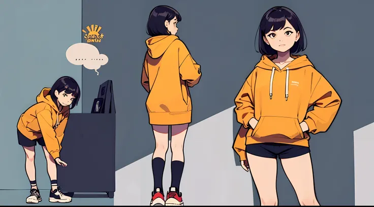 1woman, wearing hoodie and shorts, detailed retro art , oversize, characher design sheet, sneakers, different poses, different angles