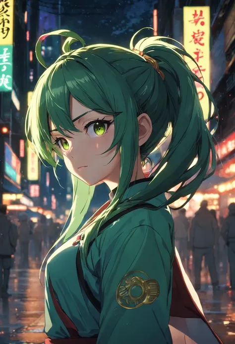 1girl, cowboy shot, beautiful ,zenin_maki,ponytail,glasses,bangs,green hair,brown eyes, outdoors, jujutsu_uniform, night,city , volumetric lighting, best quality, masterpiece, intricate details, tonemapping, sharp focus, hyper detailed, trending on Artstat...