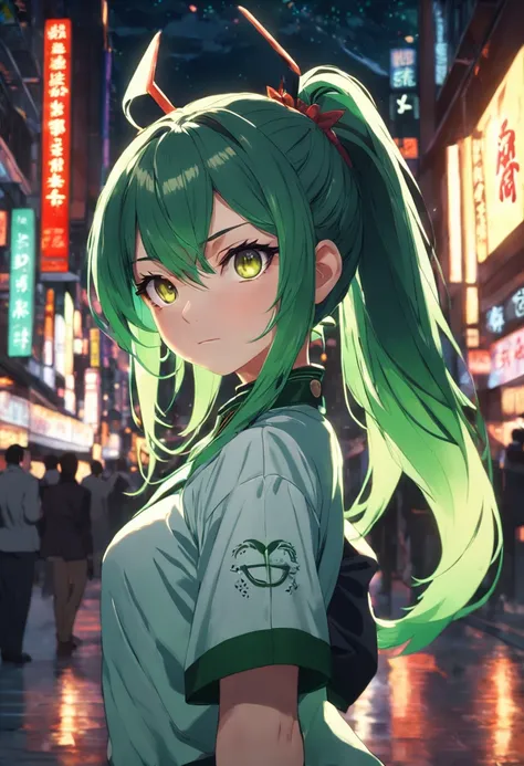 1girl, cowboy shot, beautiful ,zenin_maki,ponytail,glasses,bangs,green hair,brown eyes, outdoors, jujutsu_uniform, night,city , volumetric lighting, best quality, masterpiece, intricate details, tonemapping, sharp focus, hyper detailed, trending on Artstat...