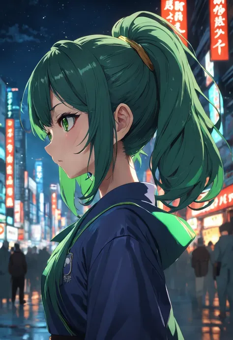 1girl, cowboy shot, beautiful ,zenin_maki,ponytail,glasses,bangs,green hair,brown eyes, outdoors, jujutsu_uniform, night,city , volumetric lighting, best quality, masterpiece, intricate details, tonemapping, sharp focus, hyper detailed, trending on Artstat...