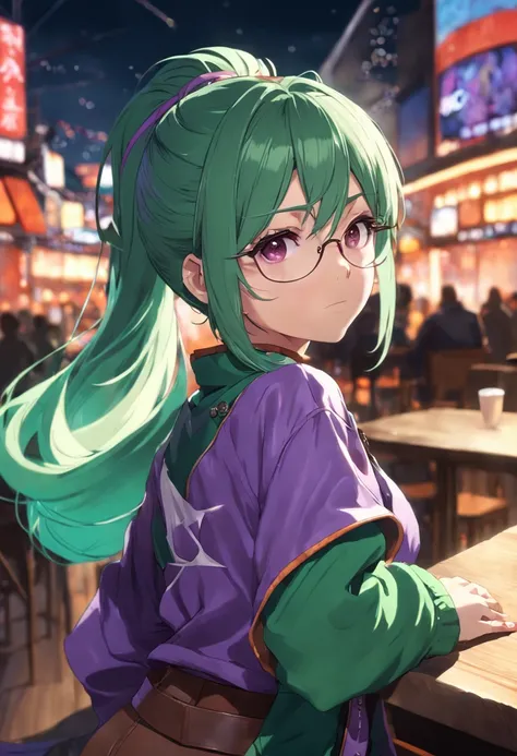 1girl in, Cowboy Shot, beautiful zenin_Maki,Ponytail,Glasses,Bangs,Green hair,Brown eyes,Purple jacket, medium breasts⁩, Cowboy Shot, Coffee , Volumetric lighting, Best Quality, masutepiece, Intricate details, tonemapping, Sharp Focus, Hyper Detailed, Tren...