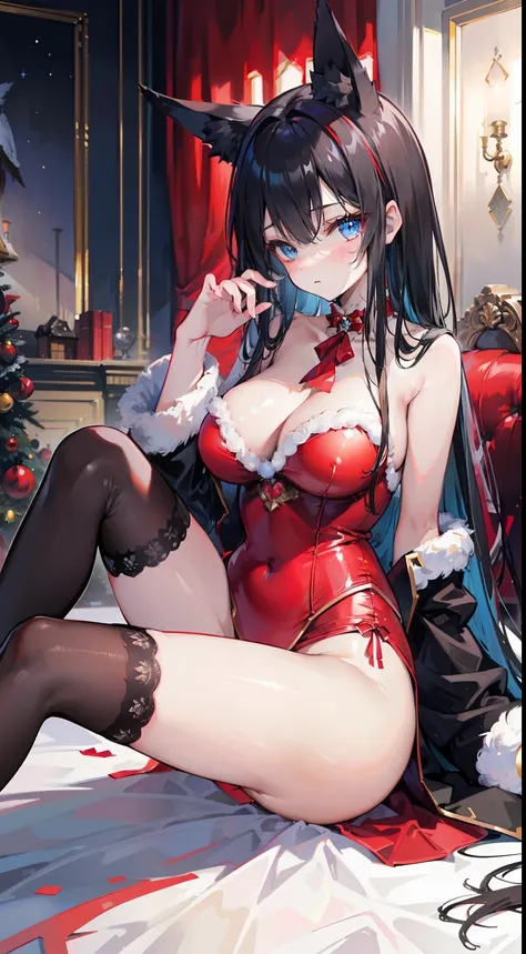 High quality, masterpiece, ultra-detailed, thighband pantyhouse, red christmas lingerie, 1girl, solo, peaceful expression, long black hair, enchanting blue eyes, fox ears, large breasts, shiny skin, bedroom, christmas, side view